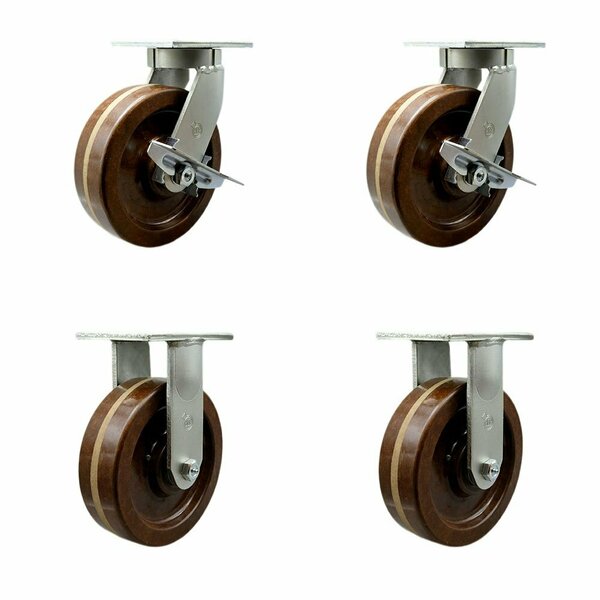 Service Caster 10'' Heavy Duty High Temp Phenolic Swivel Caster Set 2 Brakes 2 Rigid, 4PK CRAN-SCC-KP92S1030-PHRHT-SLB-2-R-2